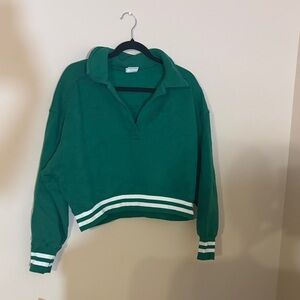 aerie Green V-Neck Cropped Sweater with White Stripes